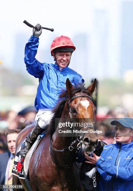 Jockey Kerrin McEvoy riding Cross Counter returns to scale after winning race 7 the Lexus Melbourne Cup during Melbourne Cup Day at Flemington...