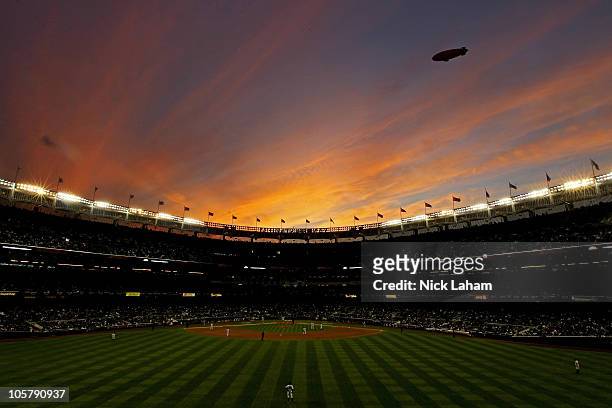 The Conan blimp flies over Yankee stadium as the New York Yankees play against the Texas Rangers in Game Five of the ALCS during the 2010 MLB...