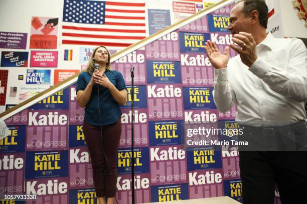 Rep. Adam Schiff , R, applauds after introducing Democratic Congressional candidate Katie Hill at a canvass launch for Hill in California's 25th...