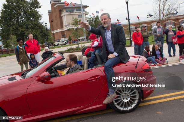 President of Liberty University Jerry Falwell Jr. Rides in the annual homecoming weekend parade on October 20, 2018 in Lynchburg, Virginia. Liberty...