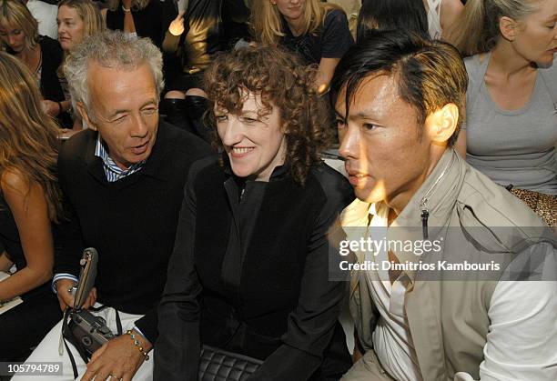 Gilles Bensimon, Glenda Bailey and Stephen Gan during Mercedes-Benz Fashion Week Spring 2004 - Calvin Klein - Front Row at 450 W 15th Street in New...