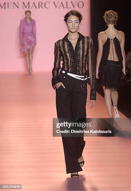 Ai Tominaga wearing Carmen Marc Valvo Spring 2004 during Mercedes-Benz Fashion Week Spring 2004 - Carmen Marc Valvo -Runway at Bryant Park in New...