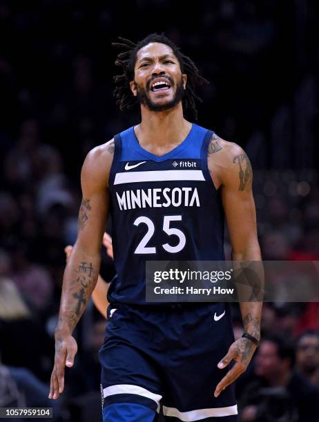 Derrick Rose of the Minnesota Timberwolves reacts to his foul during a 120-109 LA Clippers win at Staples Center on November 5, 2018 in Los Angeles,...