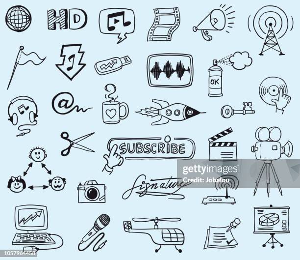 kommunikation und medien doodles - filmkamera stock-grafiken, -clipart, -cartoons und -symbole
