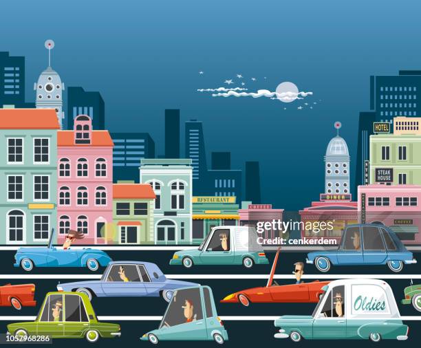 ilustraciones, imágenes clip art, dibujos animados e iconos de stock de ciudad de coches - driving on busy highway