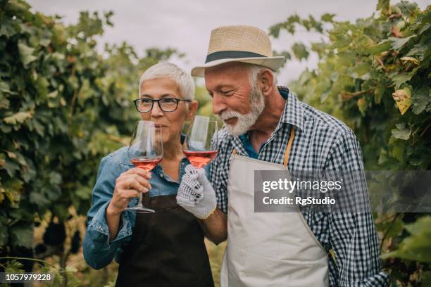 oude paar rose wijn drinken - sommelier stockfoto's en -beelden