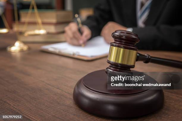judge gavel with justice lawyers, businesswoman in suit or lawyer, advice and legal services concept. - sentenciar fotografías e imágenes de stock
