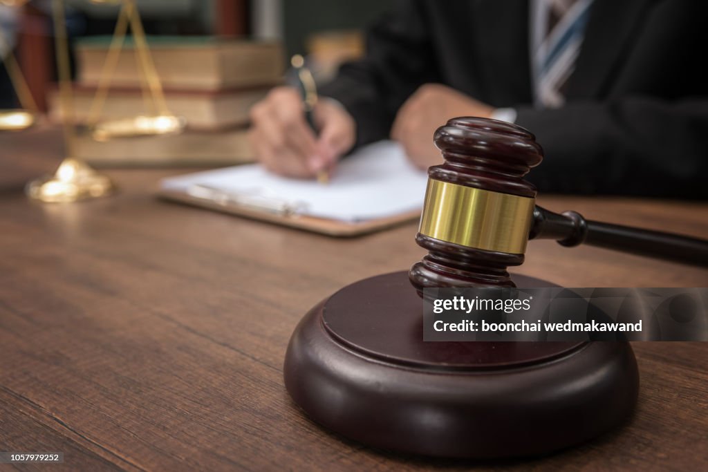 Judge gavel with Justice lawyers, Businesswoman in suit or lawyer, Advice and Legal services Concept.