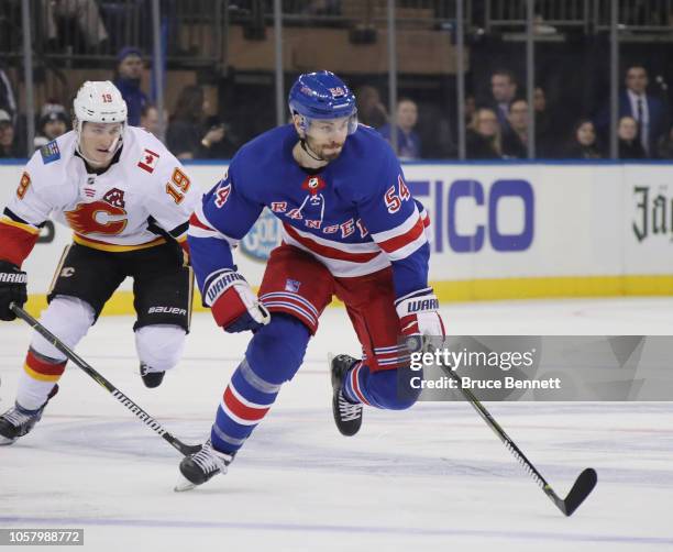 Adam McQuaid of the New York Rangers skates against the Calgary Flames at Madison Square Garden on October 21, 2018 in New York City. The Flames...