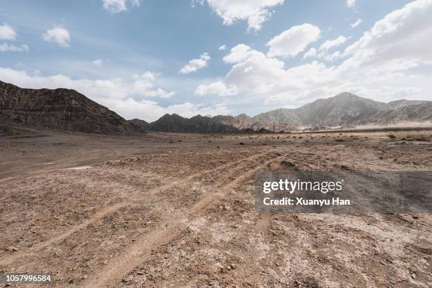 tyre tracks through the desert - roca fotografías e imágenes de stock