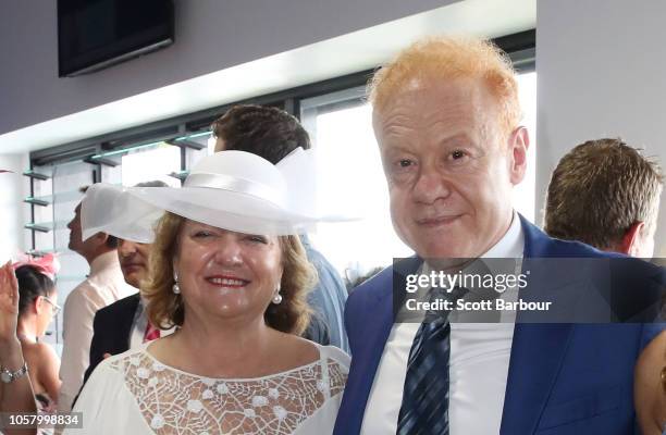 Gina Rinehart and Anthony Pratt pose at the Furphy Marquee on Melbourne Cup Day at Flemington Racecourse on November 6, 2018 in Melbourne, Australia.