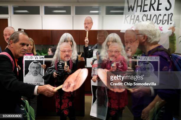 About 17 protesters from Code Pink: Women for Peace demonstrate against U.S. Involvement in the Saudi-led war in Yemen in the offices of Sen. Jack...