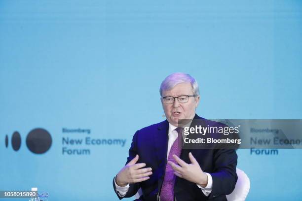 Kevin Rudd, Australia's former prime minister, speaks during a panel discussion at the Bloomberg New Economy Forum in Singapore, on Tuesday, Nov. 6,...