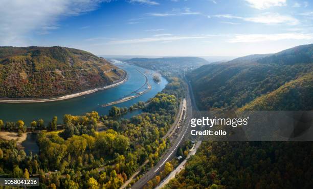 panoramic aerial view over river rhine, germany - hesse germany stock pictures, royalty-free photos & images
