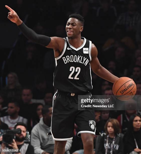 Brooklyn Nets guard Caris LeVert directs a play against the New York Knicks in the first half of an NBA basketball game at the Barclays Center in...