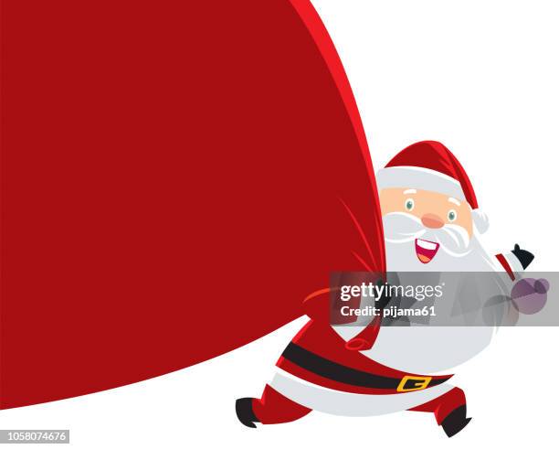 santa claus pulling huge bag of gifts - santa clause stock illustrations