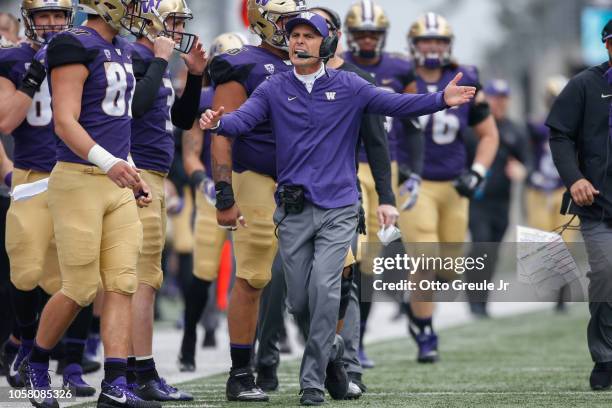 Head coach Chris Petersen of the Washington Huskies looks on during the game against the Colorado Buffaloes at Husky Stadium on October 20, 2018 in...