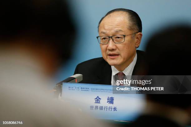 World Bank President Jim Yong Kim attends a news briefing after the Third Round Table Dialogue in Beijing on November 6, 2018.