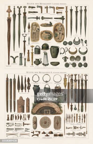funde des metalls im alter in europa, lithographie, veröffentlicht 1897 - archäologie stock-grafiken, -clipart, -cartoons und -symbole