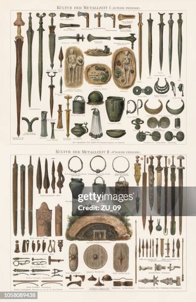 ilustraciones, imágenes clip art, dibujos animados e iconos de stock de hallazgos del metal envejece en europa, litografía, publicado 1897 - archaeology