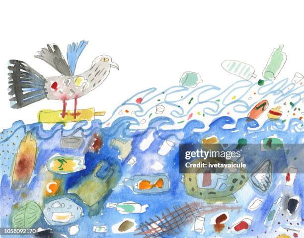 ilustraciones, imágenes clip art, dibujos animados e iconos de stock de plástico agua contaminada - sea water bird