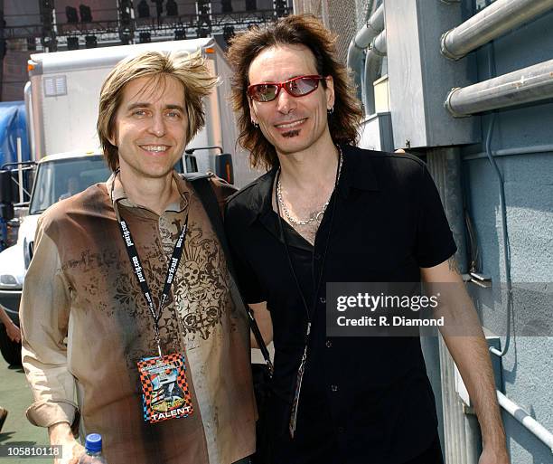 Eric Johnson and Steve Vai during Crossroads Guitar Festival - Day Three - Backstage at Cotton Bowl Stadium in Dallas, Texas, United States.