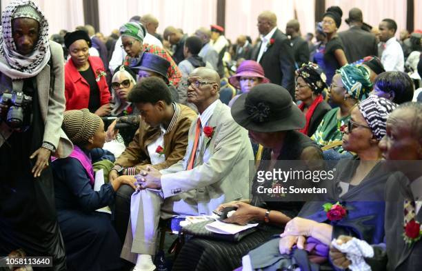 Family members mourn during the funeral service of the late musician Jabulani 'HHP' Tsambo at Mmabatho Convention Centre on November 03, 2018 in...