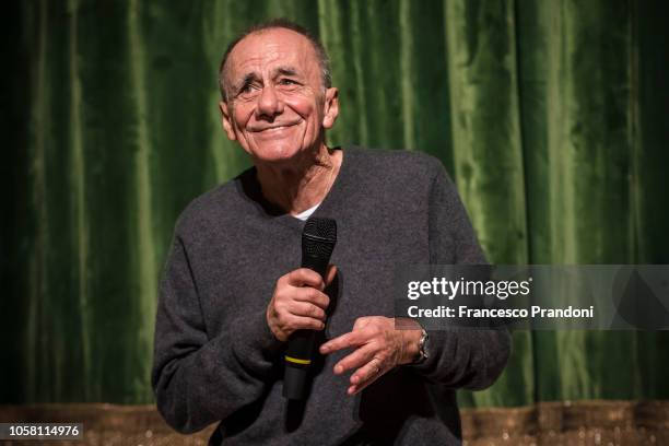 Roberto Vecchioni speaks during his " L'infinito" album presentation at Teatro Gerolamo on November 6, 2018 in Milan, Ital