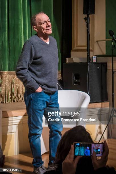 Roberto Vecchioni speaks during his " L'infinito" album presentation at Teatro Gerolamo on November 6, 2018 in Milan, Ital
