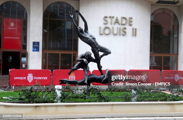 General view of the Les sportifs sculpture designed by Dutch Artist Kees Verkade outside the Stade Louis II Stadium prior to the match between AS...