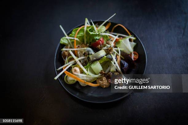 Salad with fresh baby gem lettuce, heirloom tomato, toasted walnuts, and miso yaki tofu dressing is pictured in a local restaurant in Johannesburg on...