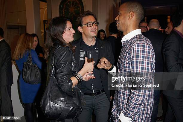 Actor Jan Sosniok, his wife and TV Host Patrice Bou�dib�la attend the 'Launch of the new Windows Phone by Deutsche Telekom' at Hotel de Rome on...