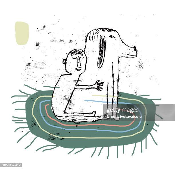 man holding pet dog. hug. love you - dog sketch stock illustrations