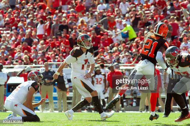 Chandler Catanzaro of the Tampa Bay Buccaneers looks on after kicking the ball against the Cleveland Browns at Raymond James Stadium on October 21,...