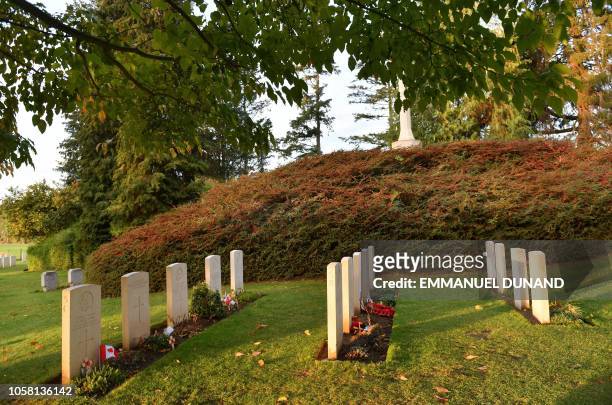 View of the St Symphorien Military Cemetery where the British Prime Minister is scheduled to take part in First World War commemorations, in Mons on...