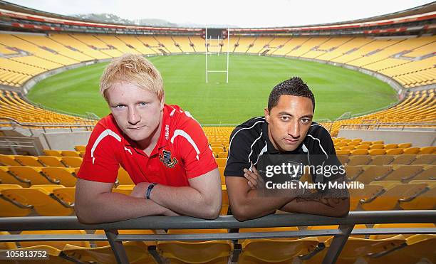 Captain James Graham of England and captain Benji Marshall of the Kiwis pose during an England and New Zealand Four Nations press conference at the...