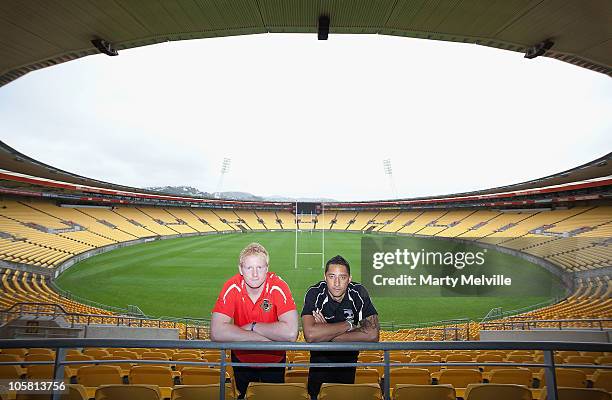 Captain James Graham of England and captain Benji Marshall of the Kiwis pose during an England and New Zealand Four Nations press conference at the...