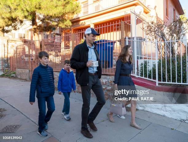 Texas US Senate candidate Beto O'Rourke walks with his wife, Amy Hoover Sanders, and his three children, Ulysses, 11; Henry, 7; and Molly, 10 ( to...