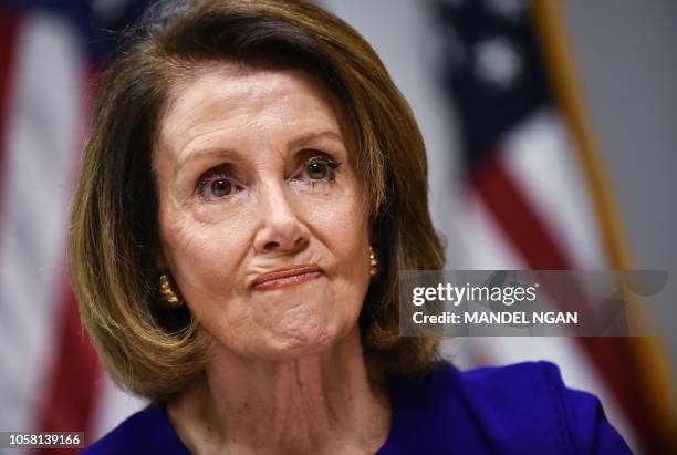 House minority leader Nancy Pelosi, D-CA, speaks during a press conference at Democratic National Committee headquarters in Washington, DC on...