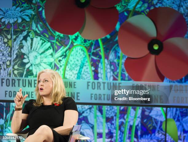 Linda Hasenfratz, president and chief executive officer of Linamar Corp., speaks during Fortune's Most Powerful Women International Summit in...
