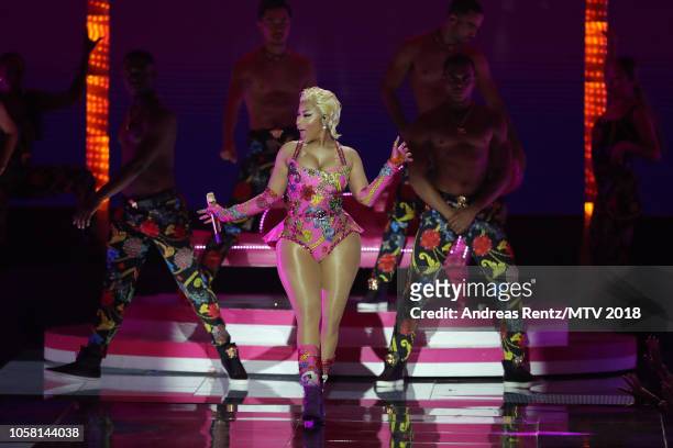 Nicki Minaj performs on stage during the MTV EMAs 2018 at Bilbao Exhibition Centre on November 4, 2018 in Bilbao, Spain.