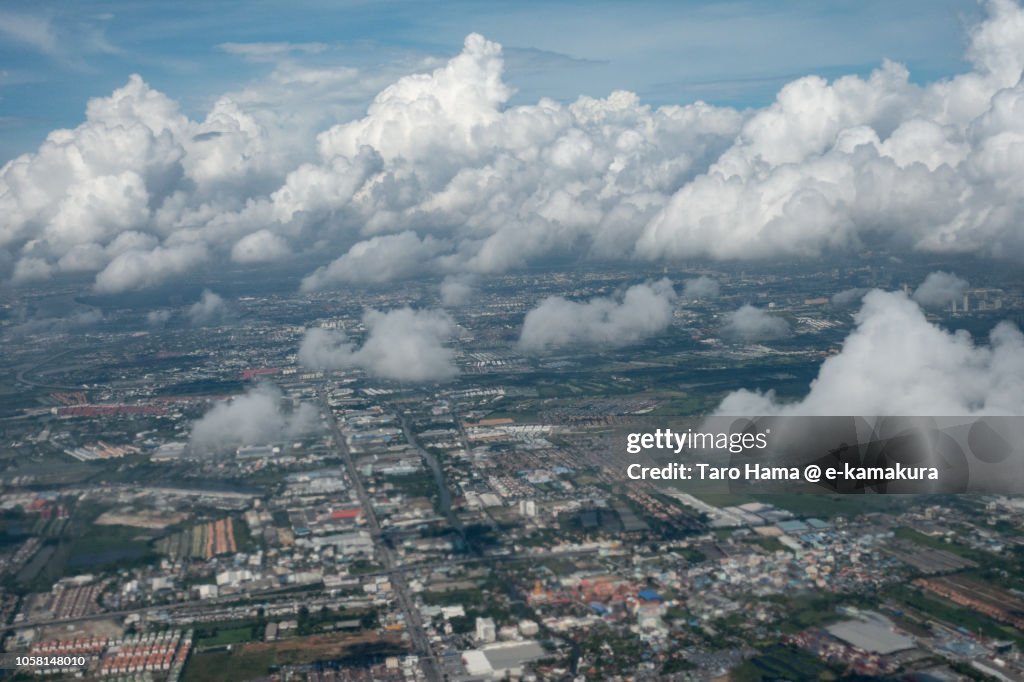 Samut Prakan province in Thailand daytime aerial view from airplane