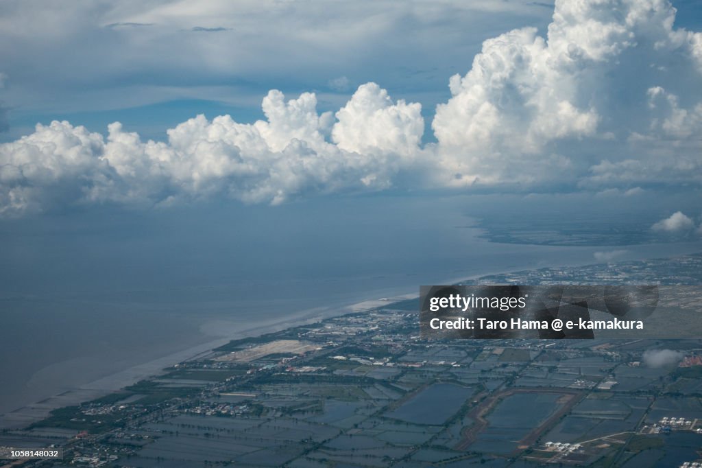 Bay of Bangkok and Samut Prakan province in Thailand daytime aerial view from airplane