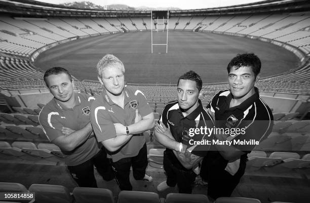 Coach of England Steve McNamara, captain James Graham of England, captain Benji Marshall of the Kiwis and coach of the Kiwis Stephen Kearney pose...