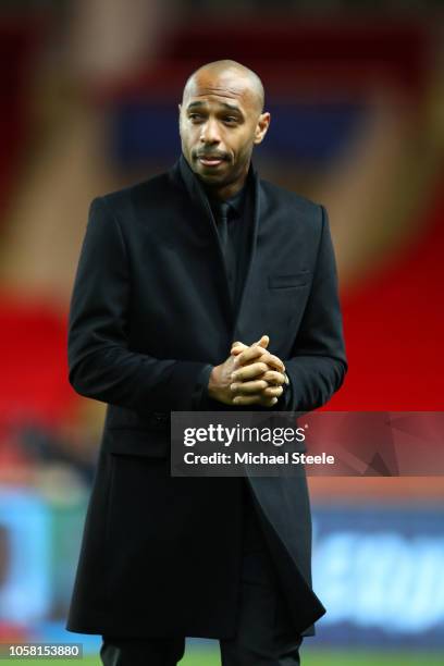 Thierry Henry, Manager of Monaco looks on prior to the Group A match of the UEFA Champions League between AS Monaco and Club Brugge at Stade Louis II...