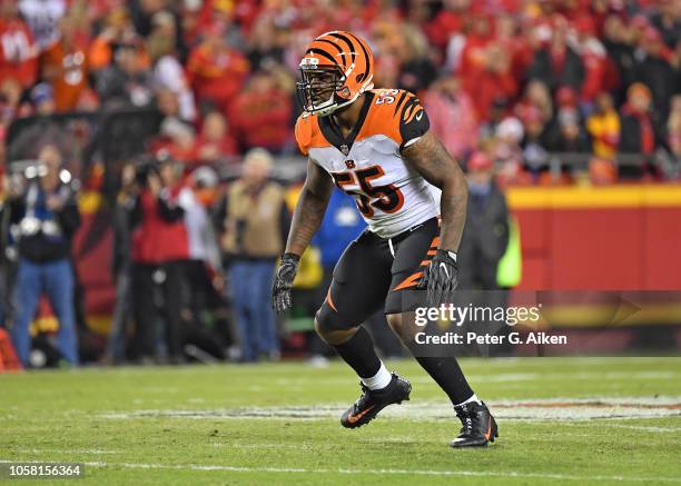 Linebacker Vontaze Burfict of the Cincinnati Bengals gets set on defense against the Kansas City Chiefs during the first half on October 21, 2018 at...