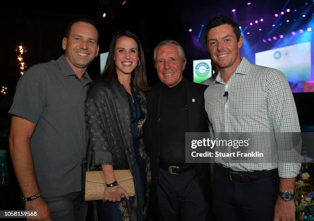 Sergio Garcia of Spain, Angela Akins, Gary Player of South Africa and Rory McIlroy of Northern Ireland pose for a picture at the gala dinner prior to...