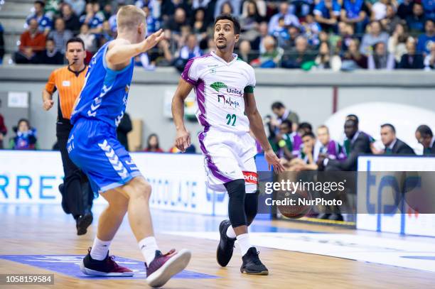 San Pablo Burgos Ognjen Jaramaz and Unicaja Malaga Brian Roberts during Liga Endesa match between San Pablo Burgos and Unicaja Malaga at Coliseum in...