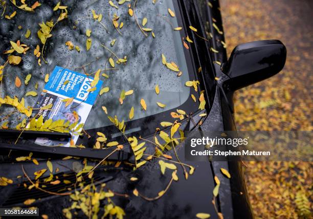 Leaflet placed on a car windshield promotes DFL candidates on Election Day, November 6, 2018 in Minneapolis, Minnesota. Voters in Minnesota will be...