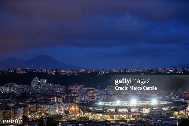 View at dusk of the St. Paul stadium before the Champions League football match between Napoli and Paris Saint-Germain.